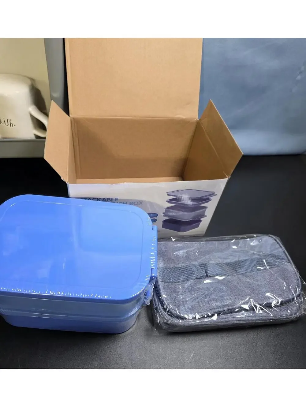 Stackable Bento Lunch Box Set with Insulated Carry Bag, Blue and Gray